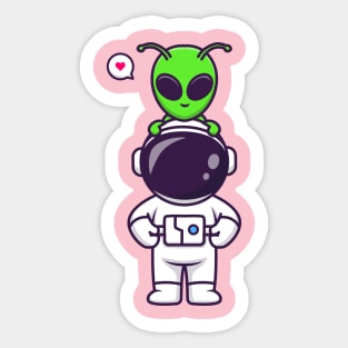 Cute Astronaut With Alien Cartoon Sticker